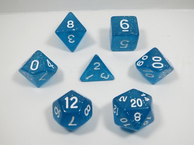 RPG Dice Set of 7 - Glitter Sky Blue  D4 D6 D8 D10 D12 D20 D00-90