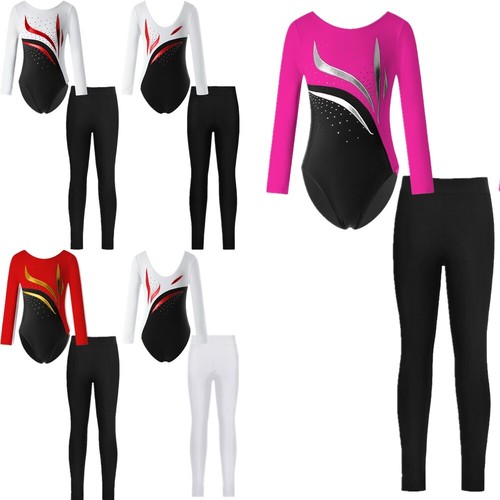 Kids Girl's Skating Jumpsuit With Pants Long Sleeve Dance Bodysuit And Pants - Afbeelding 1 van 50