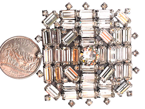 Spectacular Layered Square Baguette & Crystal Rhinestone Large Brooch