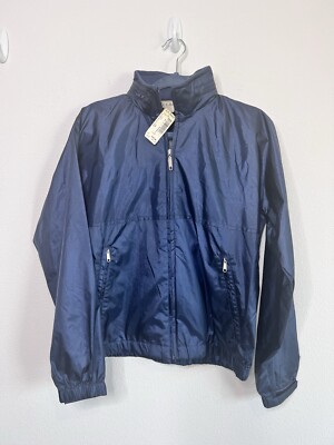 Vintage NEW LL Bean Jacket Womens Medium Blue Rain Wind Coat Hide Away Hood
