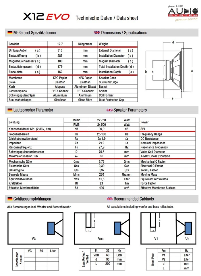 Audio System X12 EVO 30 cm Subwoofer 12" Zoll 2 x 2 Ohm Langhub 2x 750/500 Watt - Bild 3 von 4