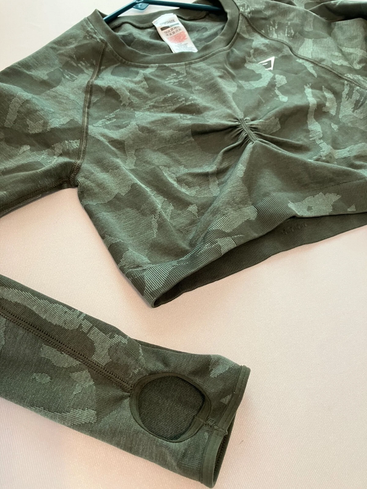 gymshark camo crop long sleeve ruched training stretch knit shirt
