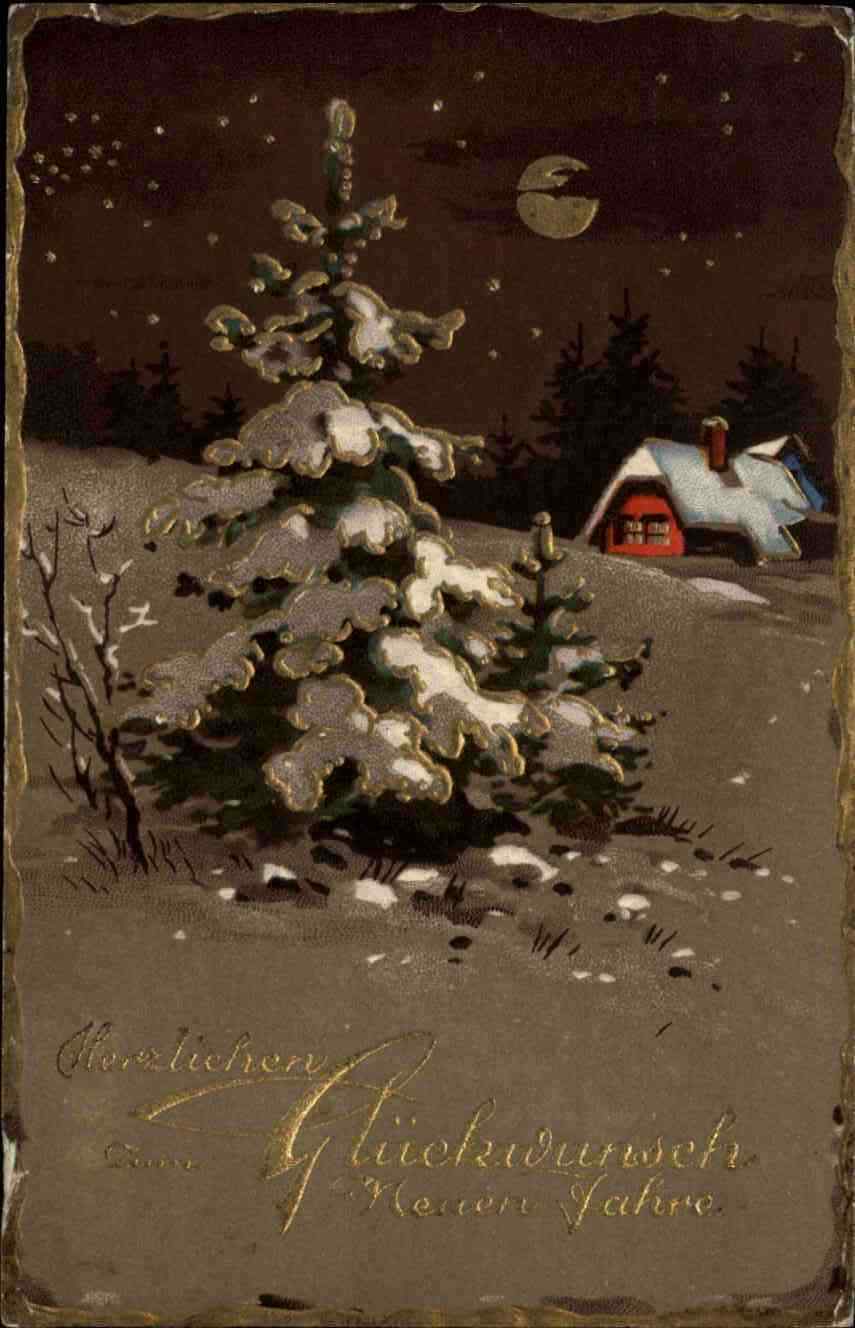Prosit NEUJAHR ~1910/20 Glückwunsch zum Neuen Jahr, Winter-Landschaft Haus Baum
