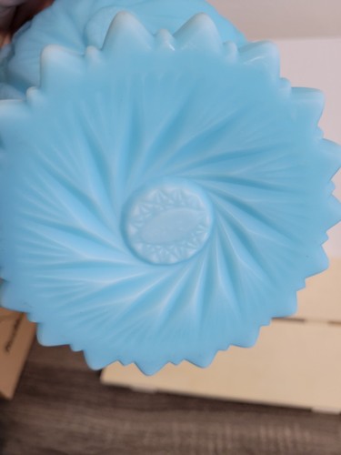 Vtg Fenton Satin Blue Glass Hobstar Pinwheel Pedestal Compote Bowl estate - Picture 7 of 9