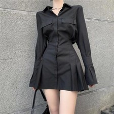Shirt Dress Women Long Sleeve Dresses Sexy Gothic Pleated Turn-Down