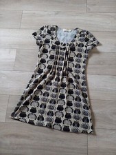 Purplish Grey Owl Print Knit Jumper Dress Pintucks Buttons 35% Wool UK10/12