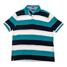 Tommy Hilfiger Polo Shirt Men's XL Short Sleeve Turquoise Navy Blue White EUC