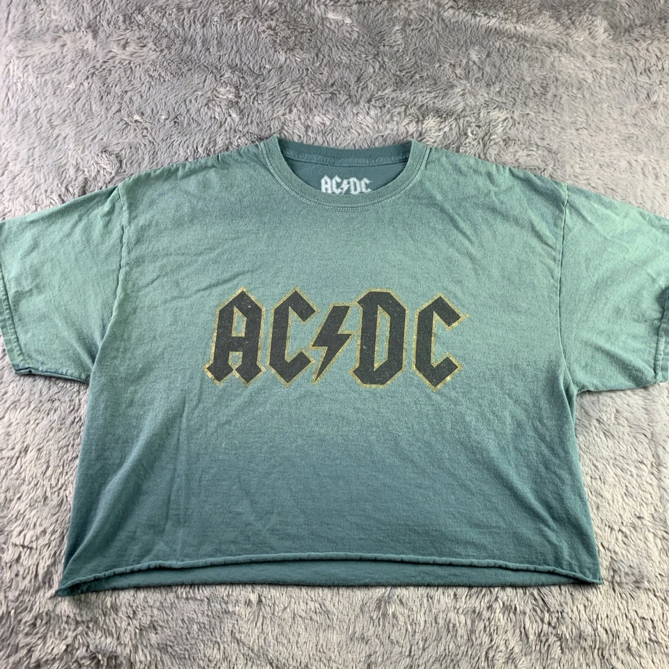 ACDC Shirt Womens Large Green Crop Top Rock Band Music Festival Retro 80s Tee - Image 2 of 4