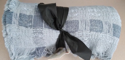 NEW Hearth & Hand With Magnolia Soft Blue Block Cotton Fringe Throw Blanket NICE