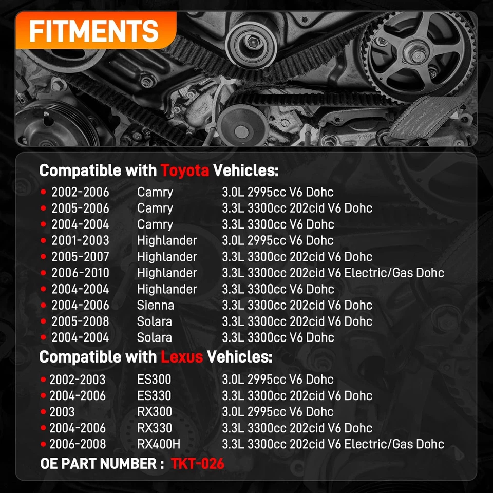 Kit de correa de distribución del motor con bomba de agua TKT-026 para Lexus ES300 ES330 Toyota Camry Foto 2 de 4