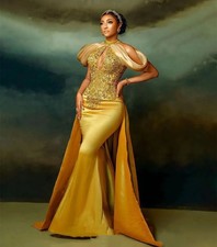 Gold Mermaid Prom Dresses Beaded Luxury Dress Sleeveless Satin Evening Gowns