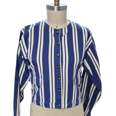 Vtg 80s 90s Retro Blue White Striped Denim Jacket  Sz M Brass Button Down