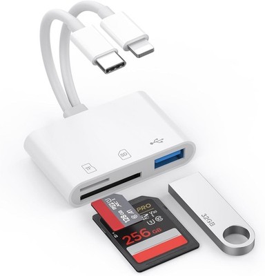 Aplimln SD Card Reader for iPhone iPad Dual built-in cord (Lightening&USB-C) 