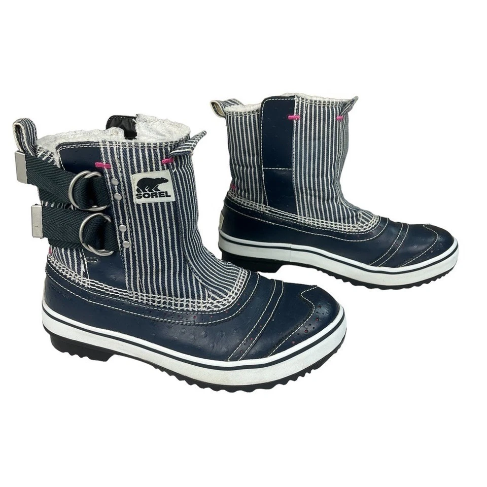 Sorel Botas Mujer Talla 7 Tivoli Sin Cordones Impermeables Azul Marino/Blanco Rayas Zapatos de Invierno Foto 2 de 4