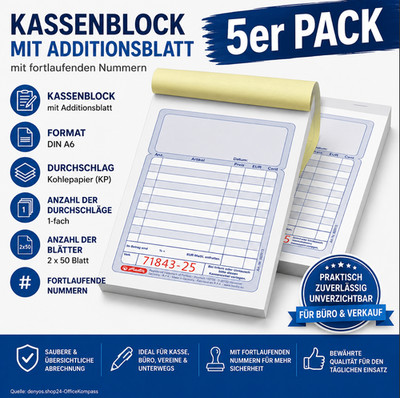 5x Herlitz Kassenblock mit Additionsblatt, Quittungsblock, Durchschlag