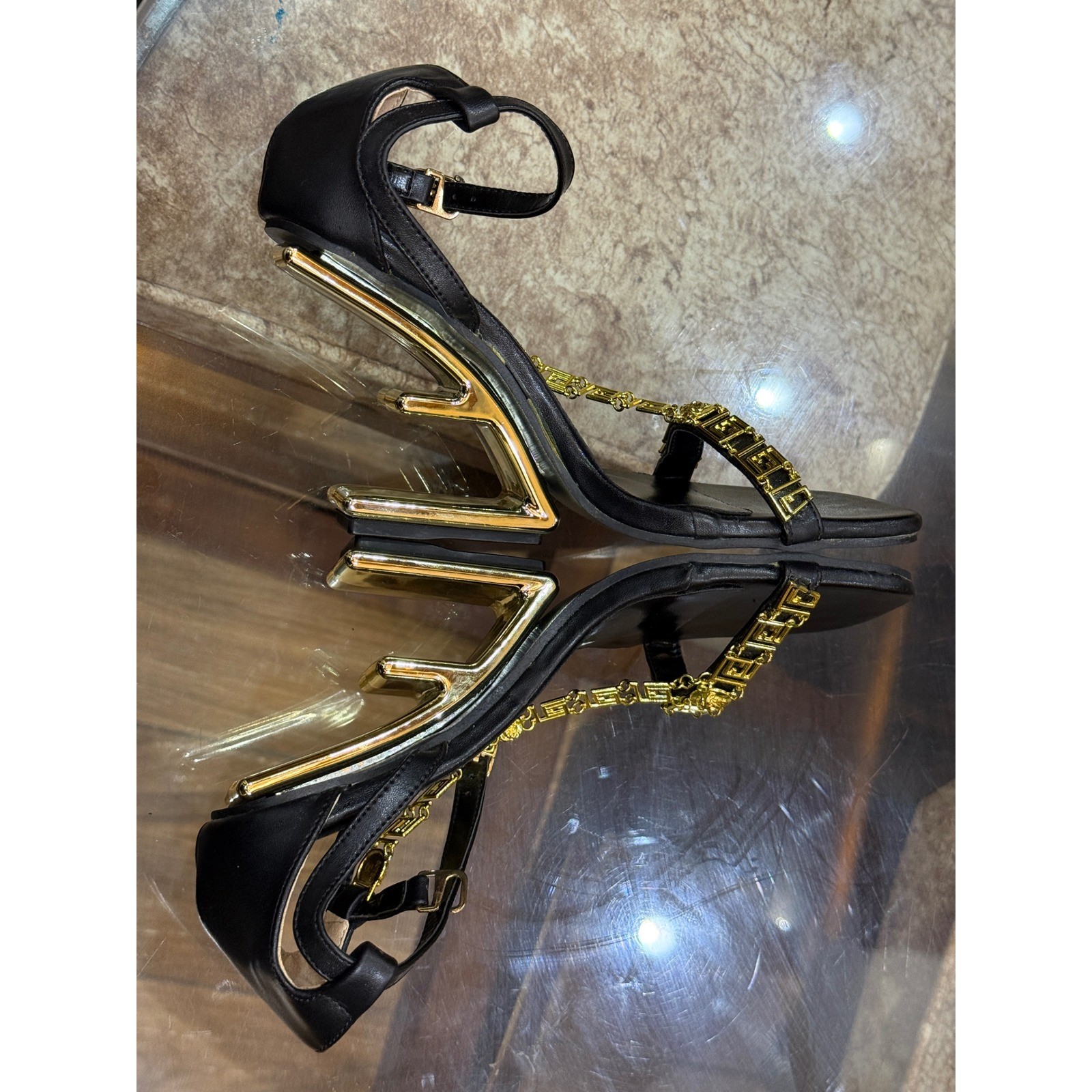Fendace Fendi x Versace First Gold Heel Sandals Black Leather Medusa Greca 38 image 7