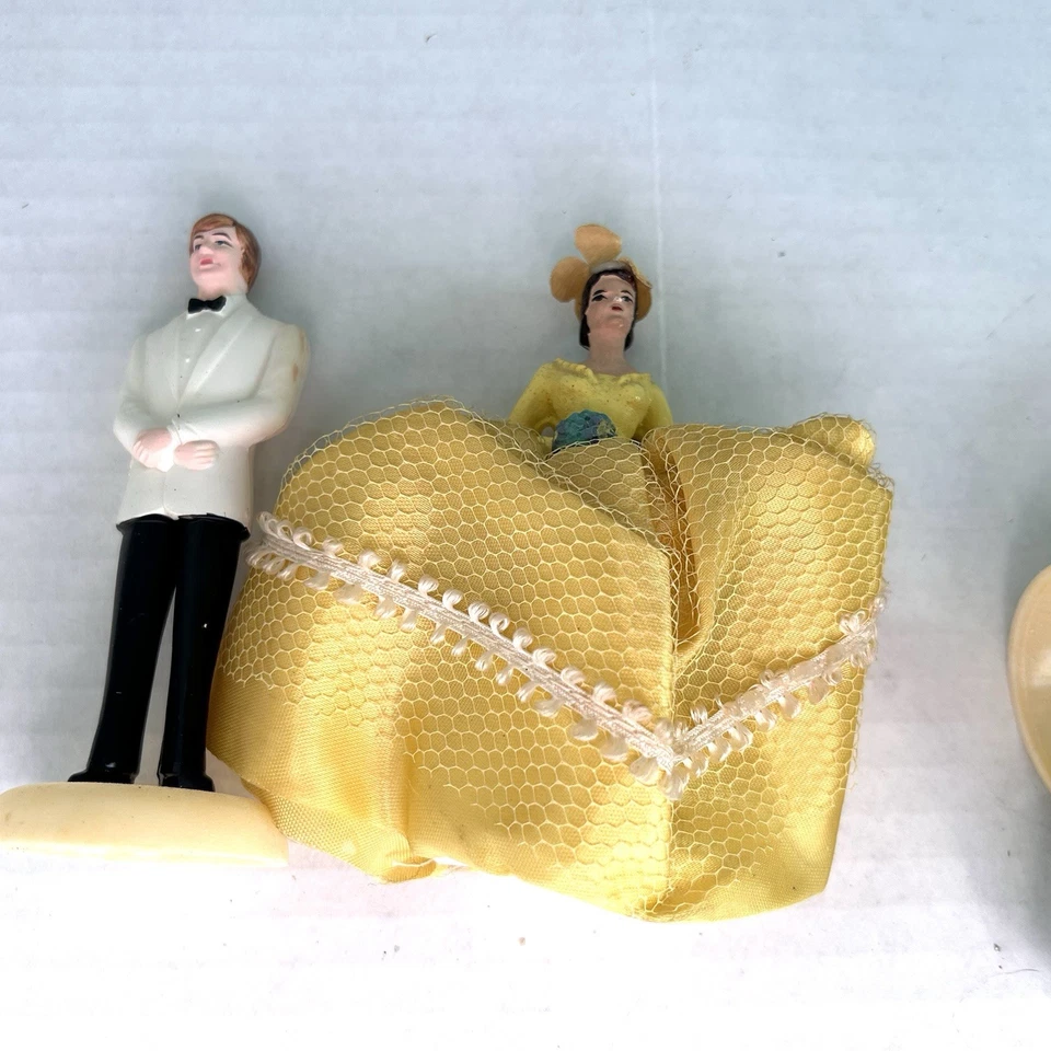 Vintage 1950s Wedding cake Toppers Lot Plastic W/Fancy Material Skirts (k) - Image 4 of 4