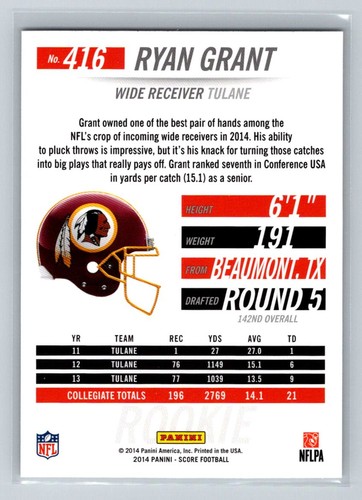 2014 Score Rookie RC #416 Ryan Grant Washington Redskins Football Card - Picture 2 of 2