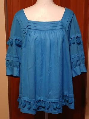 NWOT CHICO'S WOMEN'S Boho  BLOUSE  TOP  POM-POMs  Blue  Size3.5   XL