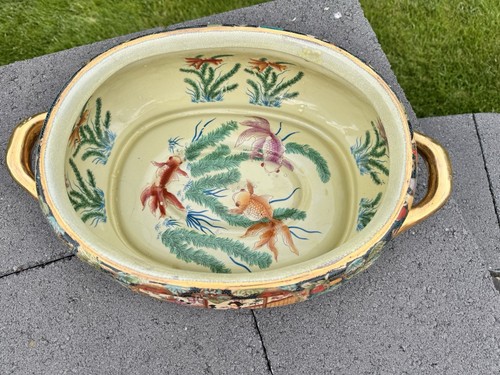 Vintage Chinese Porcelain Hand painted Foot Bath Floral Koi Fish Gold Accents - Picture 4 of 14