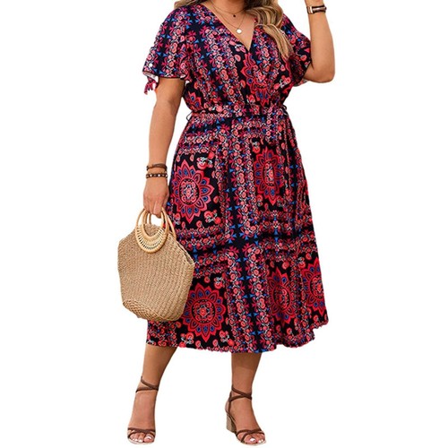 Women s Floral Print V Neck Short Sleeve Midi Dress with Slit Elegant Summer Sw - Picture 2 of 7