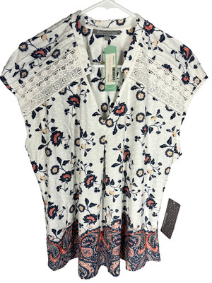 DANIEL RAINN Shirt XL White Crochet Peated Floral Boho Peasant Top NEW NWT