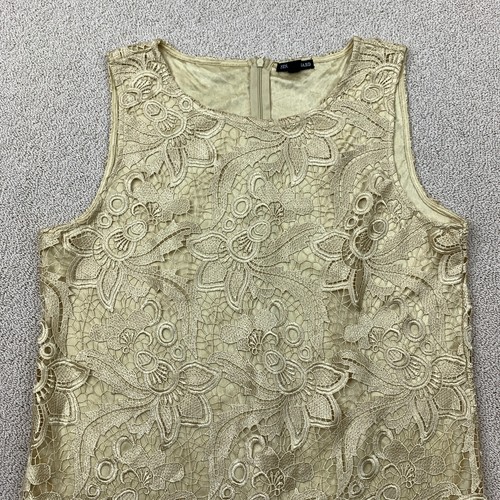 Nina Leonard Lace Floral Shift Dress Women's Size XL Tan Gold Sleeveless Poly - Picture 2 of 8