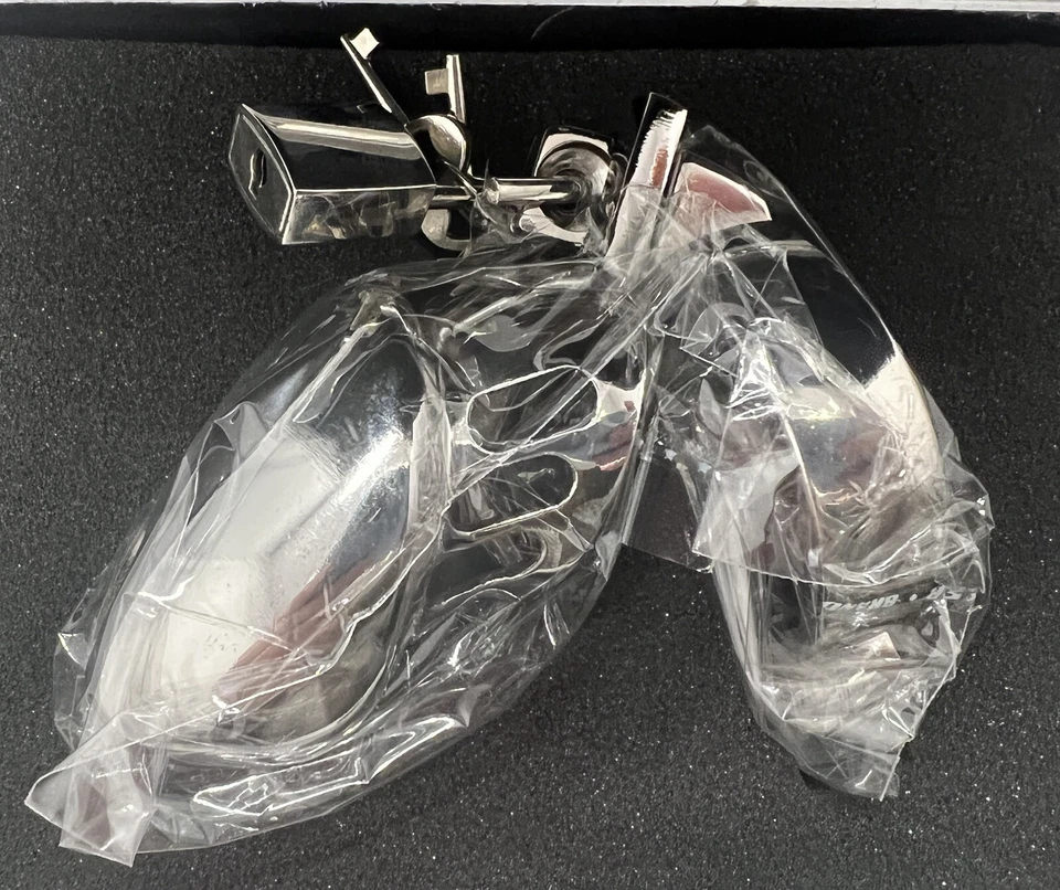 Jaula de cabeza de castidad Worx de metal con cerradura y llave, acero pulido, juego de temperatura Foto 3 de 4