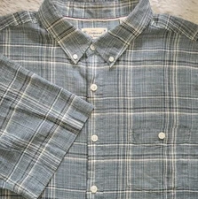Linen Blend Shirt 2XL Mens Plaid  XXL Weatherproof Vintage Blue Washable  