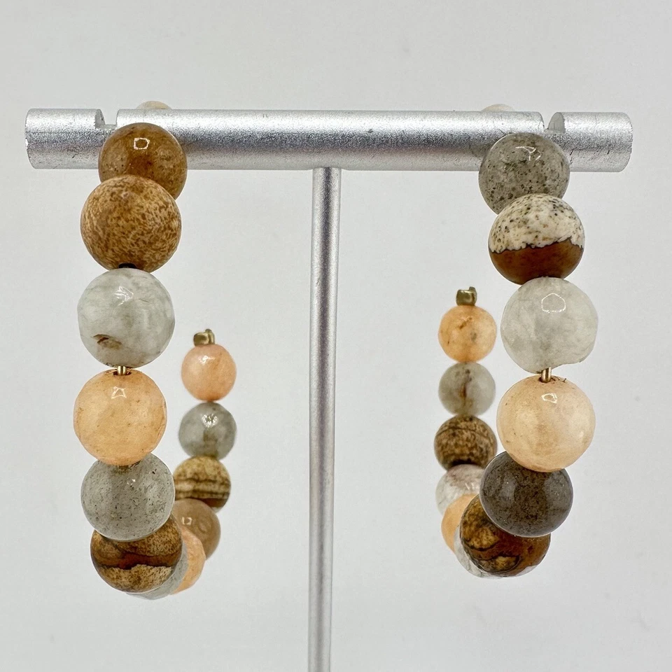 1.75” Gold Tone Natural Stone Agate Jasper Quartz Beaded C-Hoop Earrings - Image 3 of 4