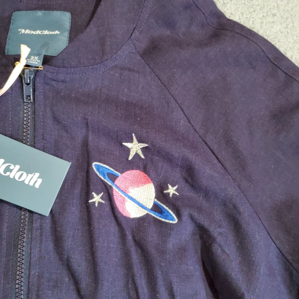 Modcloth Jacket Womens 2X Blue Zip Up Linen Blend Outer Space Cosmos Astro Lined - Image 3 of 4
