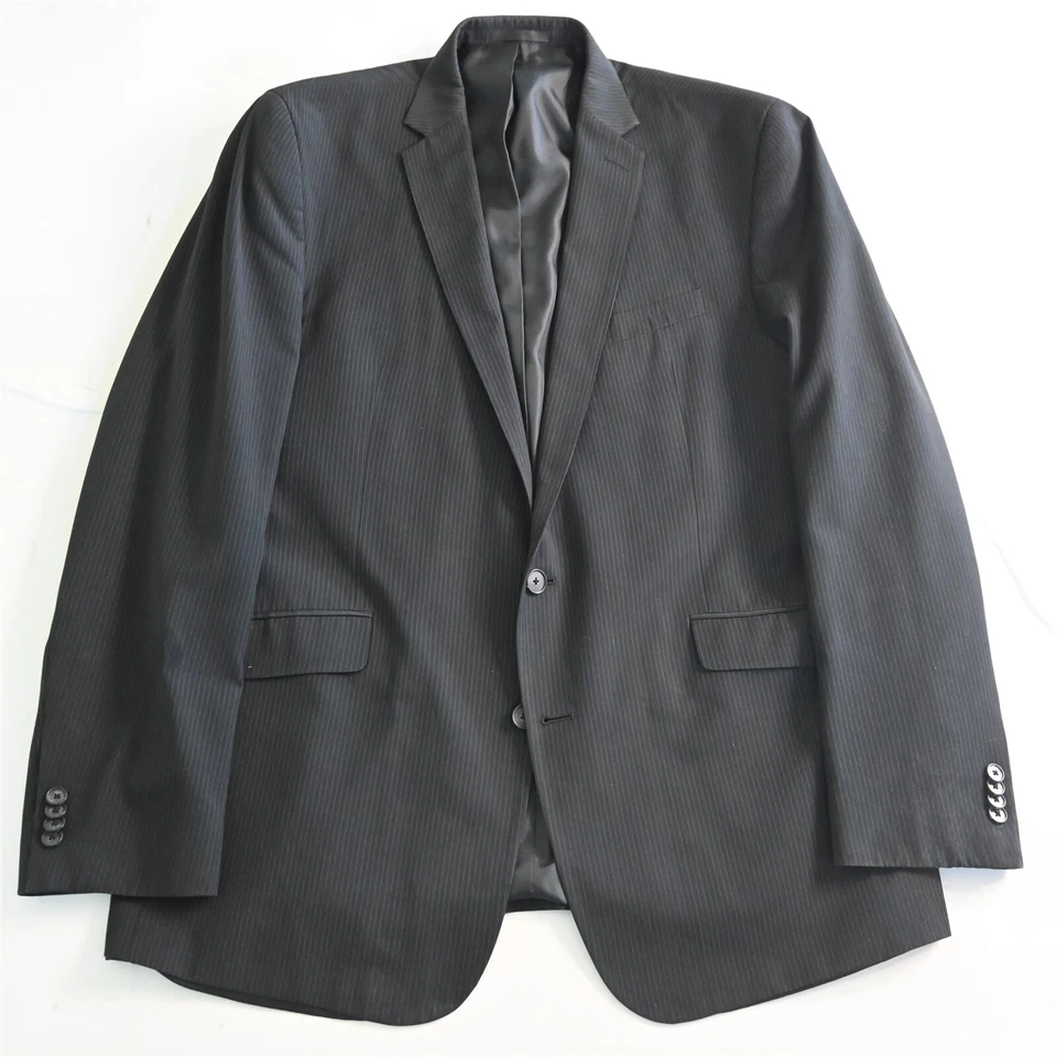 Kenneth Cole Reaction 46L 38x32 黑色条纹 2 件套男式夹克裤子套装 — 第 2/4 张图片