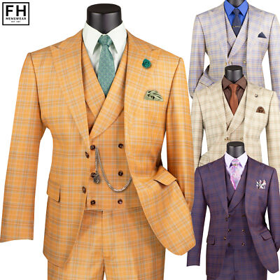 VINCI Men's Plaid 3pc 2-Button Modern Suit w/ Peak Lapel - 36S-56L, 4 Colors NEW