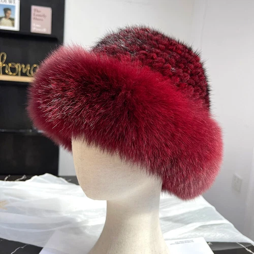 Cappello donna vera pelliccia di visone secchiello berretto caldo lavorato a maglia invernale con orlo pelliccia di volpe - Foto 20 di 31