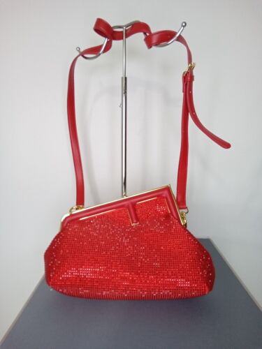 ELEGANT TRIANGULAR CLUTCH PURSE STONE BAG, RED COLOR - Picture 2 of 8