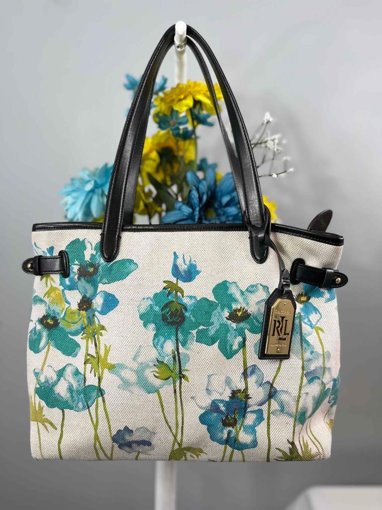 Ralph Lauren Ralph R.L.L. Blue Florals Canvas Leather Trims
