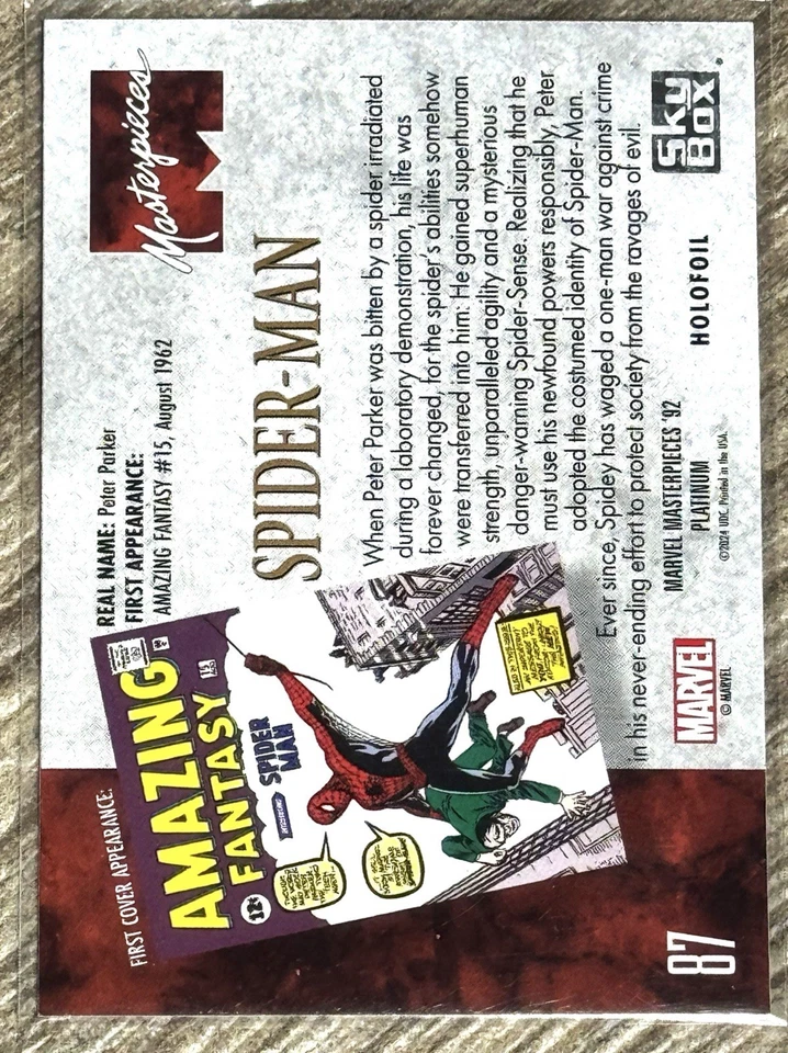 2024 MARVEL MASTERPIECES 1992 '92 PLATINUM SPIDERMAN HOLOFOIL REFRACTOR HOLO #87 - Image 2 of 2