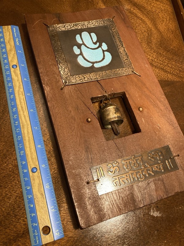 Ganesha Wall Hanging with Bell-Copper - Wood Panel- Entryway Decor- 11.5" X 6"