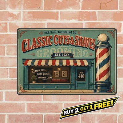Striped Barber Pole Foreground Barbershop Illustration Metal Tin Sign