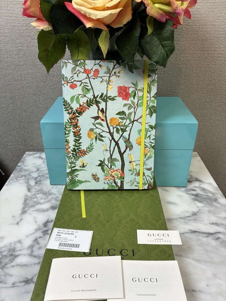 GUCCI ノート 花柄 ブルー Gucci Blue Floral Tian Leather Multicolor Notebook - NWT w/ Dust