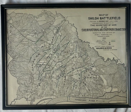 Civil War Map of Shiloh Battlefield Positions April 7, 1862 Military framed 1900