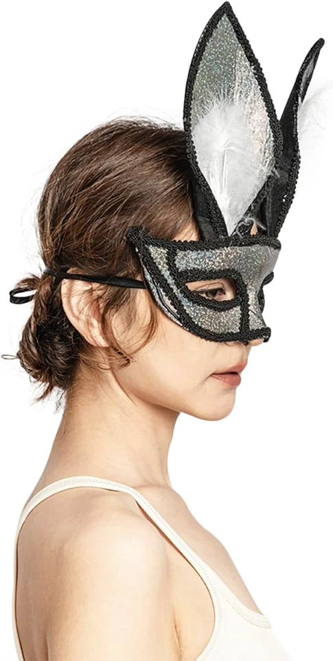 Mezza Maschera Coniglio Sexy Maschera Mezza Viso Halloween Lungo Orecchio Masche - Immagine 3 di 4