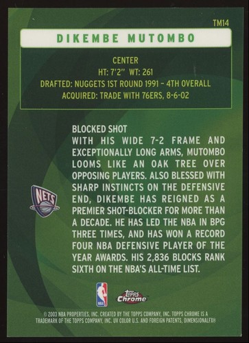 Dikembe Mutombo #TM14 2002-03 Topps Chrome The Move New Jersey Nets - Picture 2 of 3