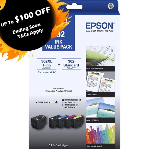 Epson Genuine #302XL-BK+#302-C/M/Y/PBK x5 Ink Set for Expression Premium XP6100 - Picture 1 of 1