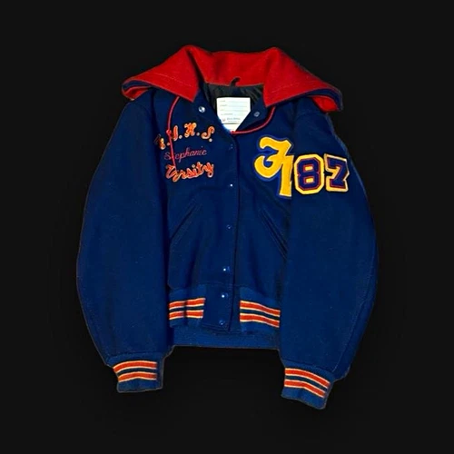 DeLong Hooded Varsity Jacket Snap Front Wool Shell Embroidered Patch Jacket - product listing photo