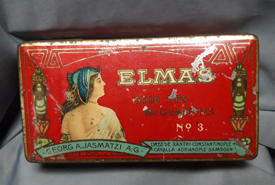 Blechdose ELMAS 100 Cigarettes Gold Tips No. 3 G. A. Jasmatzi A. G. Dresden 1920