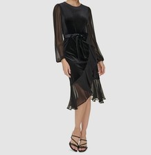 Tommy Hilfiger Women's Black Velvet Chiffon Round Neck Self-Tie Dress Size 4