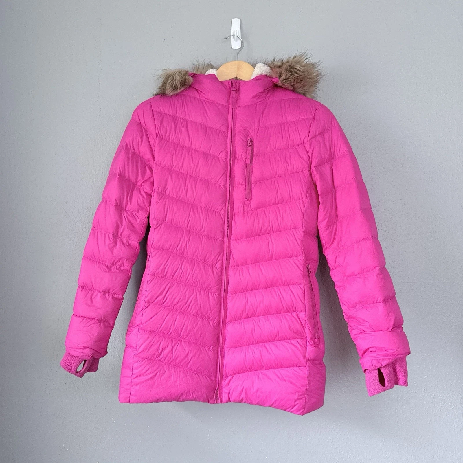 Eddie Bauer Down Parka Jacket Girls L (14) Pink Nylon Sherpa Lined Hooded