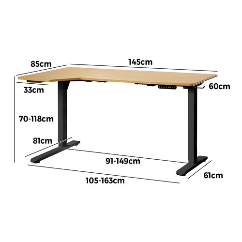 Oikiture L-shape Electric Standing Desk Single Motor Black Frame 145CM Desktop - Picture 7 of 40