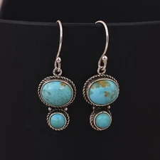 Genuine Kingman Turquoise Dangle Earrings Oxidized 925 Silver Boho Jewelry Gift